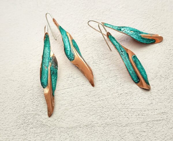 PENDIENTES «PLUMA» COBRE Y PLATA 925 CON PATINA